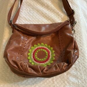 The Sak Deena Flap Crossbody Brown Leather Bag Embroidered Sunburst Hippie Boho